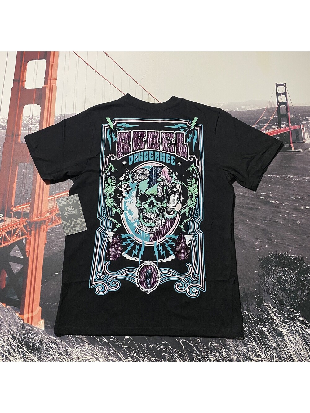Rebel Vengeance T Shirt Mens Size M Black Graphic Tee Skull Skeleton Rhinestone